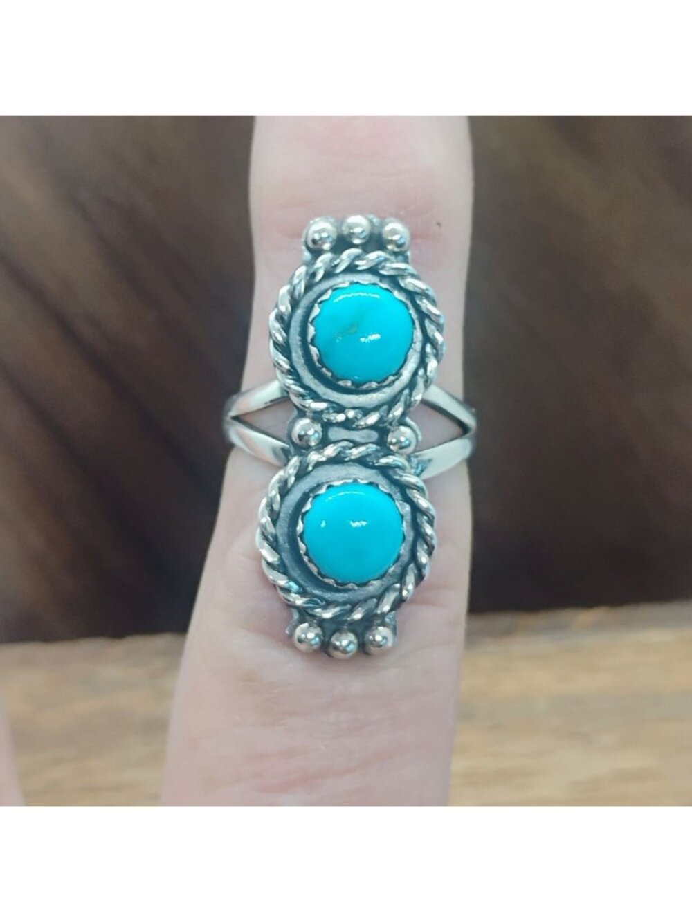 Southwest Sterling Silver Double Kingman Turquoise Stone Ring Size 7
